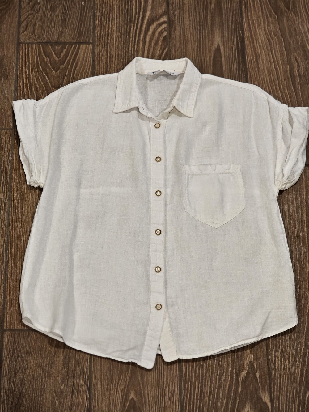 Zara White Short Sleeve Button-Down Linen Shirt